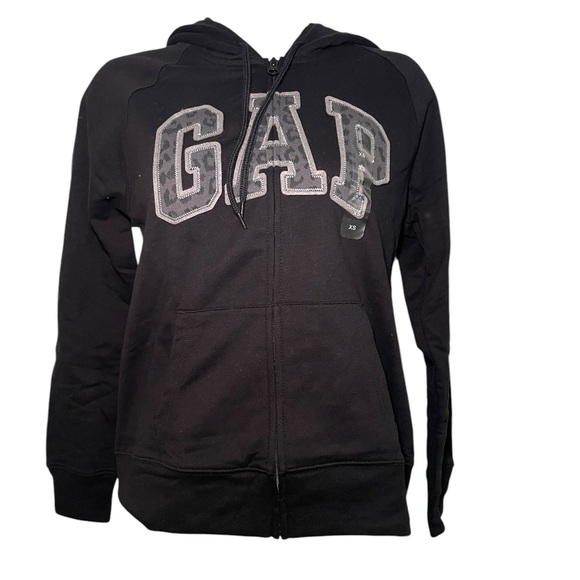 Gap New Cotton Blend Leopard Print Logo Black Zipper Hoodie Sweatshirt Size XS - Picture 1 of 6